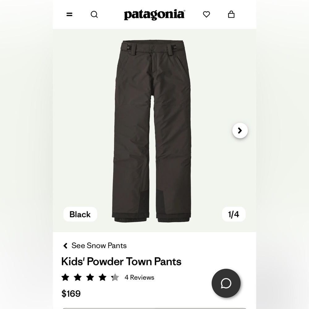 Patagonia H2No Kids Black Snow Ski Winter Pants